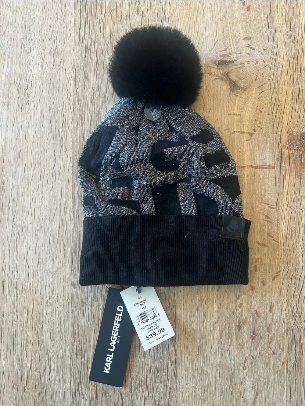 Karl Lagerfeld Paris Logo Knit Beanie Faux Fur Pom Pom Hat NWT Black Gray